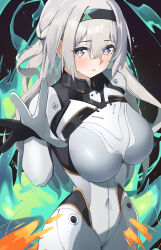 Rule 34 | 1girl, absurdres, band (skymole01), black hairband, bodysuit, breasts, covered navel, cowboy shot, firefly (ar-26710) (honkai: star rail), firefly (honkai: star rail), grey hair, hairband, highres, honkai: star rail, honkai (series), large breasts, long hair, looking at viewer, official alternate costume, parted lips, purple eyes, solo, standing, very long hair, white bodysuit