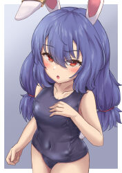 Rule 34 | 1girl, animal ears, blue hair, blush, collared shirt, commentary request, covered navel, cowboy shot, earclip, grey background, highres, looking at viewer, low twintails, mizunisabano, open mouth, rabbit ears, rabbit girl, rabbit tail, red eyes, seiran (touhou), shirt, solo, tail, touhou, twintails, upper body