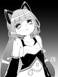 Rule 34 | 1girl, animal ears, breasts, cat ears, character request, collarbone, greyscale, long hair, looking at viewer, md monaka, medarot, monochrome, simple background, solo, sweat, swimsuit, swimsuit under clothes, twintails