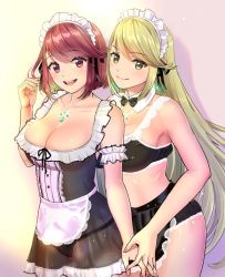 Rule 34 | 2girls, alternate costume, apron, bad id, bad twitter id, bare shoulders, blonde hair, blush, breasts, cleavage, earrings, enmaided, gem, glowing, hair ornament, headdress, headpiece, jewelry, large breasts, long hair, looking at viewer, maid, maid apron, maid headdress, multiple girls, mythra (xenoblade), nintendo, ooshima aki, pyra (xenoblade), red eyes, red hair, see-through, short hair, smile, swept bangs, very long hair, xenoblade chronicles (series), xenoblade chronicles 2, yellow eyes