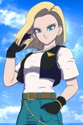 Rule 34 | 1girl, absurdres, android 18, black gloves, blonde hair, blue eyes, denim, dragon ball, gloves, highres, jeans, jewelry, necklace, pants, shirt, solo, white shirt, yugerov