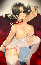 Rule 34 | 1girl, bare shoulders, black hair, blue eyes, breasts, choker, closed mouth, dress, flipped hair, from above, gurimjang, hand up, highres, huge breasts, lips, looking at viewer, navel, original, panties, photoshop (medium), red ribbon, revealing clothes, revision, ribbon, ribbon choker, romaji commentary, see-through, short hair, sitting, solo, spaghetti strap, spread legs, strapless, strapless dress, thick thighs, thighhighs, thighs, underwear, v, v over eye, white dress, white panties, white thighhighs, wrist ribbon