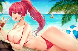 Rule 34 | 2girls, ball, beach, beachball, bikini, blush, breasts, cleavage, drink, earrings, emu (confisery), heterochromia, high ponytail, highres, hololive, houshou marine, houshou marine (summer), jewelry, large breasts, long hair, looking at viewer, lying, multiple girls, necklace, ocean, on side, open mouth, outdoors, palm tree, ponytail, red bikini, red eyes, red hair, smile, swimsuit, tree, usada pekora, virtual youtuber, yellow eyes