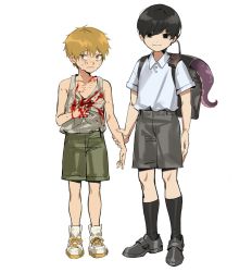 Rule 34 | 2boys, aged down, backpack, bag, black eyes, black footwear, black hair, black shorts, black socks, blonde hair, blood, chainsaw man, child, denji (chainsaw man), green shorts, height difference, highres, hirofumi yoshida (chainsaw man), holding own arm, lyoo lyoo, male focus, mole, mole under mouth, multiple boys, scared, shirt, shoes, shorts, sneakers, socks, tank top, tentacles, white background, white shirt