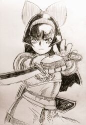 Rule 34 | 1girl, ainu clothes, black hair, blush, breasts, fighting stance, fingerless gloves, gloves, hair ribbon, long hair, looking at viewer, nakoruru, ribbon, samurai spirits, serious, sketch, small breasts, snk, solo, the king of fighters, traditional media, weapon