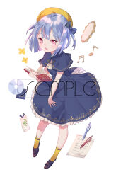 Rule 34 | 1girl, ankle socks, bare arms, beret, blue bow, blue capelet, blue dress, blue hair, blunt bangs, blunt ends, book, bookmark, bow, brown footwear, capelet, cd, chinese commentary, commentary, dress, english commentary, frilled dress, frills, full body, hair bow, hat, highres, holding, holding book, lapels, light blush, lolita fashion, looking at viewer, mixed-language commentary, musical note, musical note print, open book, open mouth, original, paper, pen, pink eyes, sample watermark, shirt, shoes, short dress, short hair, simple background, smile, socks, solo, strapless, strapless dress, striped bow, striped clothes, striped shirt, turning page, two side up, uwabaki, vertical-striped clothes, vertical-striped shirt, watermark, white background, white shirt, yellow hat, yellow socks, yuzhi