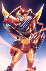 Rule 34 | 2022, absurdres, artist name, autobot, bow (weapon), commentary, english commentary, hand on own hip, highres, holding, holding bow (weapon), holding weapon, lina rojas, looking at viewer, mecha, no humans, parted lips, robot, rodimus prime, smile, solo, transformers, transformers animated, weapon