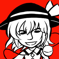 Rule 34 | 1girl, glico, grin, hat, kisaragi zwei, komeiji koishi, looking at viewer, lowres, monochrome, red background, short hair, smile, solo, touhou