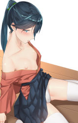 Rule 34 | 1girl, bad id, bad pixiv id, blue eyes, blue hair, blue hakama, blush, breasts, collarbone, commentary request, hair between eyes, hakama, hakama short skirt, hakama skirt, high ponytail, highres, hip vent, houshou (kancolle), japanese clothes, kantai collection, looking at viewer, nipples, off shoulder, open mouth, pallad, panties, parted lips, ponytail, simple background, sitting, skindentation, skirt, small breasts, solo, underwear, wariza, white legwear