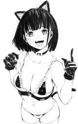 Rule 34 | absurdres, animal ears, bikini, bob cut, breasts, cat ears, choker, earrings, fake animal ears, fang, fangs, gagaimo, gloves, greyscale, highres, jewelry, lace, lace-trimmed panties, lace trim, large breasts, looking at viewer, maid, maid bikini, monochrome, open mouth, original, panties, pointing, pointing up, solo, swimsuit, thighhighs, thighs, traditional media, unconventional maid, underwear, white thighhighs