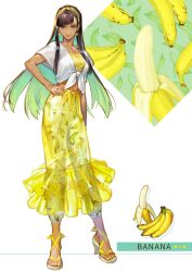 Rule 34 | 1girl, aqua eyes, arm at side, aruk, asymmetrical bangs, banana, banana print, bare arms, black hair, breasts, closed mouth, collarbone, colored inner hair, commentary, crop top, dark-skinned female, dark skin, dated, earrings, english text, eyelashes, food, food-themed clothes, frilled skirt, frills, front-tie top, fruit, full body, green eyes, green hair, hairband, hand on own hip, highres, jewelry, legs apart, lipstick, long hair, long skirt, makeup, medium breasts, multicolored hair, nail polish, original, pants, pants under skirt, print pants, see-through, see-through skirt, shirt, short sleeves, sidelocks, skirt, smirk, solo, standing, still life, straight hair, symbol-only commentary, tank top, toenail polish, toenails, toned, two-tone hair, very long hair, white background, white pants, white shirt, yellow footwear, yellow nails, yellow skirt, yellow tank top, yellow theme