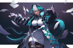 Rule 34 | 1girl, absurdres, aqua eyes, aqua nails, aqua wings, arknights, black pantyhose, book, breasts, coat, dark background, dress, evil grin, evil smile, falling, fang, feathered wings, fingerless gloves, fingernails, gloves, grey hair, grin, hair between eyes, head wings, highres, ho&#039;olheyak (arknights), holding, holding book, infection monitor (arknights), large breasts, long coat, long sleeves, looking to the side, open clothes, open coat, open mouth, outstretched arm, pantyhose, paper, scales, sharp fingernails, short hair, smile, snake tail, solo, tail, upper body, white dress, white gloves, wings, wushier