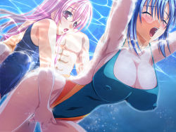 Rule 34 | 1boy, 2girls, aikawa arisa, armpits, bisexual female, blue hair, blush, breasts, cleavage, clitoral stimulation, closed eyes, clothed female nude male, clothed sex, competition swimsuit, covered erect nipples, ffm threesome, fingering, group sex, hikawa mirei, huge breasts, kichiku nakadashi suieibu, morino kurumi, multiple girls, nude, one-piece swimsuit, open mouth, partially submerged, petite, pink eyes, pink hair, pool, sex, small breasts, swimsuit, threesome, underwater, underwater sex, wet
