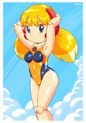 Rule 34 | 1girl, armpits, arms up, bad id, bad pixiv id, blonde hair, blue eyes, blunt bangs, border, call (mighty no. 9), call h, competition swimsuit, highres, joints, long hair, low twintails, mighty no. 9, multicolored hair, one-piece swimsuit, pepipopo, robot ears, robot joints, scarf, smile, solo, standing, swimsuit, twintails, two-tone hair