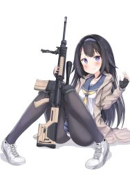 Rule 34 | 1girl, absurdres, black gloves, black pantyhose, blue skirt, blush, breasts, closed mouth, fingerless gloves, girls&#039; frontline, gloves, gun, hairband, highres, holding, holding gun, holding weapon, long hair, looking at viewer, medium breasts, pantyhose, purple eyes, sitting, skirt, sob (submar1089), solo, super sass (girls&#039; frontline), weapon, yellow neckwear
