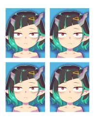 Rule 34 | 1girl, :&lt;, absurdres, black hair, blue hair, chaki (teasets), closed mouth, commentary request, demon girl, demon horns, expressionless, fang, flat chest, hair ornament, hairclip, highres, horns, id card, looking at viewer, medium hair, multicolored hair, nanashi inc., official alternate costume, pointy ears, red eyes, shishio chris, shishio chris (2nd costume), sugar lyric, two-tone hair, upper body, virtual youtuber