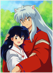 Rule 34 | 1boy, 1girl, :d, animal ears, black hair, brown eyes, couple, dog ears, gem, hand on another&#039;s head, height difference, hetero, higurashi kagome, hug, inuyasha, inuyasha (character), japanese clothes, jewelry, long hair, miko, necklace, official style, open mouth, pearl (gemstone), smile, tennen shiori, tree, yellow eyes
