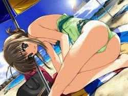 Rule 34 | 00s, 1girl, antenna hair, ass, beach, beach umbrella, breasts, brown eyes, brown hair, casual one-piece swimsuit, cleavage, comic party, day, dutch angle, game cg, jpeg artifacts, makimura minami, no eyewear, ocean, one-piece swimsuit, outdoors, reclining, sky, small breasts, smile, solo, strap slip, swimsuit, umbrella, undressing, water, wet