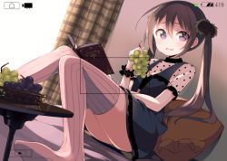 Rule 34 | 1girl, basket, black bra, blue dress, book, bra, character request, colored stripes, curtains, day, dress, dutch angle, embarrassed, food, fruit, gochuumon wa usagi desu ka?, grapes, holding, holding food, holding fruit, indoors, kiya machi, knees together feet apart, light, looking at viewer, open book, pillow, pink thighhighs, plaid, plaid curtains, polka dot, pom pom (clothes), purple eyes, recording, see-through, short sleeves, sitting, solo, striped clothes, striped thighhighs, table, taking picture, tedeza rize, thighhighs, underwear, upskirt, vertical-striped clothes, vertical-striped thighhighs, viewfinder
