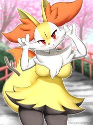Rule 34 | 1girl, animal ear fluff, animal ears, animal hands, animal nose, artist name, black fur, blurry, blurry background, blush, body fur, braixen, breasts, bush, cherry blossoms, closed mouth, cowboy shot, creatures (company), dated, day, double fox shadow puppet, english text, faroula, female focus, fence, fox ears, fox girl, fox shadow puppet, fox tail, furry, furry female, game freak, gen 6 pokemon, hands up, happy, head tilt, highres, large breasts, looking at viewer, multicolored fur, neck fur, nintendo, outdoors, outline, pokemon, pokemon (creature), red eyes, smile, solo, split mouth, stick, straight-on, tail, thighs, tree, twitter username, watermark, white fur, white outline, yellow fur
