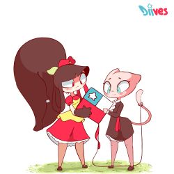 Rule 34 | 2girls, :3, animal ears, animated, animated gif, artist name, black dress, black footwear, black hair, blinking, blue eyes, blush, breasts, cat ears, cat tail, chile, chilean flag, creatures (company), diives, dress, extra mouth, female focus, fiestas patrias, flat chest, flower, full body, furry, furry female, game freak, gen 1 pokemon, gen 3 pokemon, grass, hair flower, hair ornament, hands up, happy, holding, jumping, kite, leaning forward, legendary pokemon, legs apart, legs together, long sleeves, looking up, mawile, medium breasts, mew (pokemon), multiple girls, mythical pokemon, nintendo, nose blush, open mouth, personification, pokemon, pokemon (creature), red eyes, red flower, shoes, signature, simple background, smile, spanish text, speech bubble, standing, string, tail, talking, teeth, text focus, throwing, tiptoes, translated, white background
