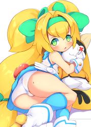 Rule 34 | 1girl, aqua socks, arc system works, ass, bare shoulders, blazblue, blonde hair, blush, boots, bow, cameltoe, cameo, gloves, green eyes, hair between eyes, hair bow, hair intakes, hairband, highres, hug, jubei (blazblue), kneehighs, long hair, looking at viewer, lying, miniskirt, on side, open mouth, panties, platinum the trinity, quad tails, ratipiko, shiny skin, skirt, socks, solo, solo focus, stuffed toy, thighs, underwear, very long hair