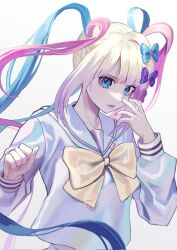 Rule 34 | 1girl, blonde hair, blue bow, blue eyes, blue hair, blue nails, blue shirt, bow, chou 308, chouzetsusaikawa tenshi-chan, commentary request, eyeshadow, hair bow, hair ornament, hands up, heart, heart hair ornament, highres, korean commentary, long hair, long sleeves, makeup, multicolored hair, multicolored nails, needy girl overdose, parted lips, pink bow, pink eyeshadow, pink hair, pink nails, purple bow, quad tails, sailor collar, shirt, simple background, smile, solo, twintails, upper body, very long hair, white background, yellow bow, yellow nails