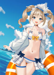 Rule 34 | 1girl, :d, absurdres, adapted costume, barbara (genshin impact), barbara (summertime sparkle) (genshin impact), bikini, bikini skirt, blonde hair, blue bow, blue eyes, bow, bow bra, bra, breasts, choker, cloud, collarbone, detached sleeves, dmhunsu10, drill hair, flower, genshin impact, hair flower, hair ornament, hat, highres, looking at viewer, medium breasts, navel, ocean, open mouth, sailor hat, sky, smile, solo, swimsuit, tagme, thigh gap, thigh strap, thighs, twin drills, twintails, underwear, yellow bow