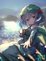 Rule 34 | 1girl, absurdres, backpack, bag, blue eyes, blue hair, blue jacket, blue skirt, blue sky, blurry, blurry background, chii (tsumami tsumamare), closed mouth, flat cap, green bag, green hat, hair bobbles, hair ornament, hat, highres, jacket, kawashiro nitori, key, long sleeves, looking at viewer, outdoors, short hair, skirt, sky, smile, solo, touhou, two side up