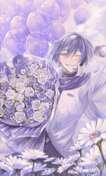 Rule 34 | 1boy, absurdres, arm up, balloon, birthday, blue eyes, blue flower, blue hair, blue rose, blue scarf, bouquet, coat, commentary, daisy, flower, hair between eyes, headphones, highres, holding, holding balloon, holding bouquet, ill 0619, kaito (vocaloid), looking at viewer, male focus, microphone, one eye closed, pants, rose, scarf, short hair, smile, solo, symbol-only commentary, upper body, vocaloid, white coat, white flower, white rose