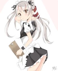 Rule 34 | 10s, 1girl, alternate costume, amatsukaze (kancolle), apron, arm behind head, artist name, ass, bad id, bad twitter id, brown eyes, cuffs, enmaided, hair ornament, hair ribbon, hair tubes, hairband, kanisaka shizuku, kantai collection, long hair, looking at viewer, maid, maid apron, maid headdress, ribbon, signature, silver hair, skirt, solo, twintails, two side up, uniform, white background, wrist cuffs, wristband