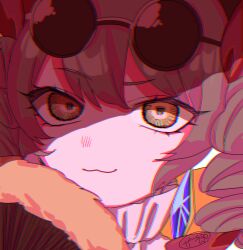 Rule 34 | 1girl, :3, chromatic aberration, close-up, closed mouth, drill hair, eyewear on head, head tilt, light smile, limited palette, looking at viewer, one-hour drawing challenge, solo, sunglasses, touhou, yellow eyes, yorigami jo&#039;on, zabu rou