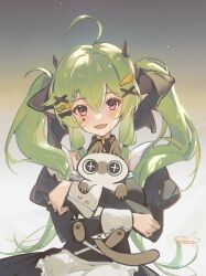 Rule 34 | 1girl, :d, ahoge, animal, animal hug, apron, black bow, black dress, blush, bow, braid, braided bangs, cat, commentary, dress, facial mark, fang, frilled apron, frills, green hair, hair between eyes, hair bow, hair ornament, hairclip, heart, highres, horns, huion, juliet sleeves, long hair, long sleeves, looking at viewer, multicolored hair, open mouth, puffy sleeves, red eyes, signature, smile, solo, streaked hair, toto (caaaaarrot), twintails, very long hair, white apron, white hair, x hair ornament