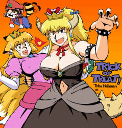 Rule 34 | &gt;:d, 3girls, :d, afterimage, animal ear fluff, animal ears, arm around waist, armlet, azuki osamitsu, bare shoulders, black dress, black nails, blonde hair, blue gemstone, blue overalls, bow, bowsette, bowsette (cosplay), bracelet, breasts, breath weapon, breathing fire, brown eyes, brown hair, claw pose, cleavage, closed eyes, clothing cutout, collarbone, commentary request, cosplay, covered mouth, crossover, crown, dress, earrings, ears down, elbow gloves, english text, engrish text, fake facial hair, fake mustache, fang, fingernails, fire, floating, fox ears, fox tail, futatsuiwa mamizou, gem, glasses, gloves, hand up, hat, heart, heart in mouth, heterochromia, high ponytail, horn bow, horn ornament, horns, ibuki suika, ibuki suika (cosplay), jewelry, large breasts, long fingernails, long hair, long sleeves, looking at another, looking at viewer, mario, mario (cosplay), mario (series), multiple girls, multiple tails, nail polish, navel, navel cutout, neck ribbon, new super mario bros. u deluxe, nintendo, open mouth, orange background, overalls, pink dress, ponytail, princess peach, princess peach (cosplay), puffy short sleeves, puffy sleeves, purple eyes, raccoon ears, raccoon girl, raccoon mario, raccoon tail, ranguage, red hat, retro artstyle, ribbon, round eyewear, sharp fingernails, short hair, short sleeves, simple background, smile, spiked armlet, spiked bracelet, spiked shell, spiked tail, spikes, standing, strapless, strapless dress, super mario bros. 3, sweater, tail, touhou, trick or treat, turtle shell, v-shaped eyebrows, yakumo ran, yakumo yukari