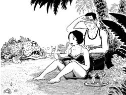 Rule 34 | 1girl, 3boys, alien, alternate universe, beach, black hair, book, breasts, cocktail, comic, commentary, couple, crab, cthulhu mythos, eating, english commentary, fleeing, glasses, good end, grass, h p lovecraft, highres, husband and wife, imagining, ink (medium), jason thompson, kneeling, lips, medium breasts, monochrome, monster, multiple boys, ocean, one-eyed, palm tree, reading, real life, retro artstyle, sand, scan, sea monster, sitting, sonia greene, sun, sweat, swimsuit, the horror at martin&#039;s beach, traditional media, tree, vacation, water, western comics (style)