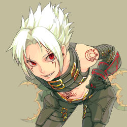 Rule 34 | .hack//, .hack//g.u., 00s, 1boy, albino, bad id, bad pixiv id, brown background, crop top, facial mark, gloves, grin, hands on own hips, haseo, haseo (.hack//), leaning forward, looking at viewer, male focus, midriff, none (kameko227), pants, red eyes, smile, solo, spiked hair, tattoo, white hair