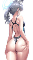 Rule 34 | 1girl, animal ear fluff, animal ears, ass, ass grab, back, back focus, backless swimsuit, black one-piece swimsuit, blue archive, blue halo, breasts, competition swimsuit, deep skin, earrings, extra ears, from behind, grabbing own ass, grey hair, halo, highleg, highleg swimsuit, highres, jewelry, ken ill, long hair, looking at viewer, looking back, low ponytail, medium breasts, multicolored clothes, multicolored swimsuit, official alternate costume, one-piece swimsuit, shiny skin, shiroko (blue archive), shiroko (swimsuit) (blue archive), simple background, solo, standing, stud earrings, swimsuit, thick thighs, thigh gap, thighs, two-tone swimsuit, wedgie, wet, wet clothes, wet swimsuit, white background, wolf ears