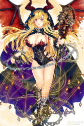 Rule 34 | 1girl, a.yuuki, blonde hair, boots, breasts, cape, chain, cleavage, demon wings, hood, horns, huge breasts, knee boots, long hair, nail polish, original, pink eyes, seiken orochi chronicle, solo, staff, wings