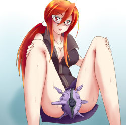 Rule 34 | 1girl, artist request, blush, breasts, cleavage, cloyster, creatures (company), elite four, folded, game freak, gen 1 pokemon, glasses, lipstick, long hair, looking at viewer, lorelei (pokemon), makeup, nintendo, open clothes, open shirt, pokemon, pokemon (creature), ponytail, popped collar, red eyes, red hair, sexually suggestive, shirt, sitting, sleeveless, spread legs, sweat, yonic symbol
