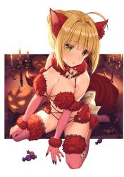 Rule 34 | 1girl, absurdres, ahoge, alternate color, animal ears, artist name, back bow, bare shoulders, blonde hair, bow, breasts, candle, candy, checkered floor, cleavage, closed mouth, cosplay, elbow gloves, fake animal ears, fake tail, fate/extra, fate/grand order, fate (series), food, full body, fur-trimmed gloves, fur-trimmed legwear, fur collar, fur trim, gloves, green eyes, hair bun, hair intakes, hand on own knee, highres, jack-o&#039;-lantern, kneeling, lace, lace-trimmed legwear, lace trim, large breasts, looking at viewer, mash kyrielight, mash kyrielight (dangerous beast), mash kyrielight (dangerous beast) (cosplay), nero claudius (fate), nero claudius (fate) (all), nero claudius (fate/extra), non-web source, official alternate costume, outside border, pink gloves, pink thighhighs, pumpkin, revealing clothes, rosuuri, scan, short hair, single hair bun, sitting, solo, tail, thighhighs, wariza, white bow, wolf ears, wolf tail