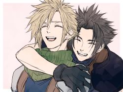 Rule 34 | 2boys, arm around neck, armor, black hair, blonde hair, blue shirt, closed eyes, cloud strife, crisis core final fantasy vii, earrings, final fantasy, final fantasy vii, green scarf, hair between eyes, highres, hug, hug from behind, jewelry, laughing, lower teeth only, male focus, multiple boys, open mouth, parted bangs, pink background, scarf, shinra infantry uniform, shirt, short hair, shoulder armor, single earring, sleeveless, sleeveless turtleneck, spiked hair, square enix, suspenders, teeth, turtleneck, upper body, upper teeth only, zack fair