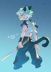 Rule 34 | 1boy, animal ears, black pants, blue background, cat boy, cat ears, cat tail, cropped legs, from behind, gradient background, green eyes, highres, holding, holding sword, holding weapon, looking at viewer, looking back, luo xiaohei, luo xiaohei (human), luo xiaohei zhanji, pants, shirt, short hair, short sleeves, signature, solo, suncle, sword, tail, weapon, white hair, white shirt