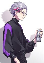 Rule 34 | 1boy, black shirt, can, commentary request, fuwa minato, glasses, grey hair, highres, holding, holding can, light smile, long sleeves, looking at viewer, looking to the side, makeup, male focus, monster energy, multicolored hair, nijisanji, parted lips, purple eyes, purple hair, red hair, shadow, shirt, short hair, solo, virtual youtuber, white background