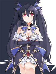 Rule 34 | 1girl, bare shoulders, black hair, blue ribbon, breasts, cleavage, detached collar, detached sleeves, frills, hair between eyes, hair ribbon, highres, long hair, looking up, medium breasts, neptune (series), noire (neptunia), nude, pleated skirt, red eyes, ribbon, skirt, solo, strapless, thighhighs, twintails, very long hair, white skirt, zatsu