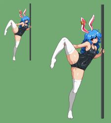 Rule 34 | 1girl, :&lt;, animal ears, bare arms, bare shoulders, black one-piece swimsuit, blue hair, breasts, covered navel, earclip, green background, holding, leg up, long hair, looking at viewer, namako daibakuhatsu, one-piece swimsuit, pixel art, plantar flexion, pole, rabbit ears, red eyes, seiran (touhou), simple background, small breasts, standing, standing on one leg, swimsuit, thick thighs, thighhighs, thighs, touhou, white thighhighs