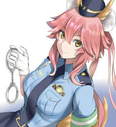 Rule 34 | 1girl, absurdres, animal ear fluff, animal ears, breasts, commentary, commentary request, cuffs, fate/extra, fate/grand order, fate (series), fox ears, fox girl, fox tail, gloves, handcuffs, hat, highres, kamehito, large breasts, looking at viewer, looking up, necktie, official alternate costume, pink hair, police, police badge, police hat, police uniform, policewoman, simple background, solo, tail, tamamo (fate), tamamo no mae (fate/extra), tamamo no mae (police fox) (fate), uniform, white background, white gloves, yellow eyes