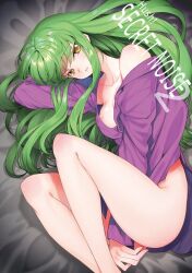 Rule 34 | 1girl, areola slip, bare legs, bed sheet, between legs, breasts, c.c., code geass, collarbone, creayus, from above, green hair, hand between legs, long hair, long sleeves, looking at viewer, lying, medium breasts, naked shirt, on side, parted lips, purple shirt, shirt, solo, straight hair, striped clothes, striped shirt, vertical-striped clothes, vertical-striped shirt, very long hair, yellow eyes