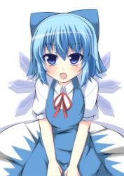 Rule 34 | 1girl, blue dress, blue eyes, blue hair, blush, bow, cirno, dress, hair bow, ice, ice wings, looking at viewer, masiromu, matching hair/eyes, open mouth, puffy sleeves, shirt, short sleeves, sitting, smile, solo, touhou, v arms, wings