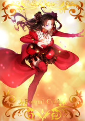 Rule 34 | 1girl, :d, arkray, black hair, blue eyes, border, bracelet, breasts, brown hair, card (medium), card parody, character name, craft essence (fate), dress, earrings, eyelashes, fate/grand order, fate/stay night, fate (series), female focus, floating, frills, gem, hair ornament, hair ribbon, highres, jewelry, large breasts, levitation, long hair, long sleeves, looking at viewer, nail polish, open mouth, parted bangs, polka dot, polka dot legwear, red dress, red thighhighs, ribbon, ring, shade, smile, solo, standing, standing on one leg, star (symbol), teeth, text focus, thighhighs, tohsaka rin, tohsaka rin (formalcraft), two side up, zettai ryouiki