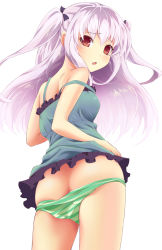 Rule 34 | 1girl, ass, bad id, bad pixiv id, bare shoulders, butt crack, camisole, fang, from below, highres, long hair, misashi (raichi821), no pants, open mouth, panties, panty pull, purple hair, red eyes, solo, strap slip, striped clothes, striped panties, two side up, underwear